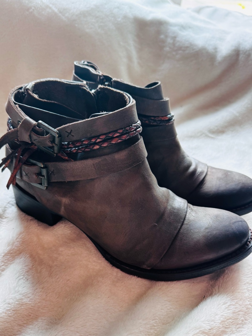 FREEBIRD by Steven Distressed Leather Ankle Booties Braided Buckle Boots